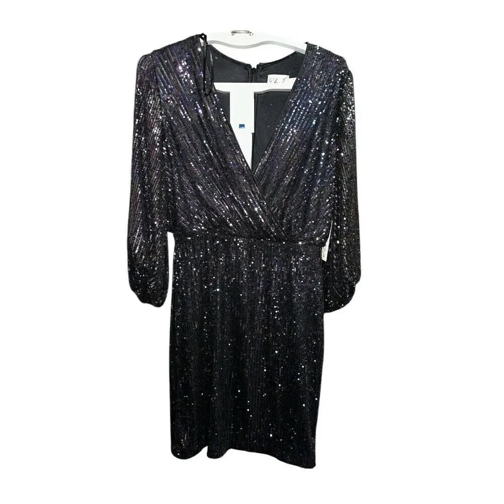 Eliza J Women's Cocktail Dress Size 8 Black Multi Sequined 3/4 Ballon Sleeve - Picture 5 of 8